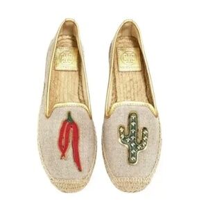 Tory Burch Santa Fe Linen Espadrille Natural Gold Chili Cactus Flats size 9